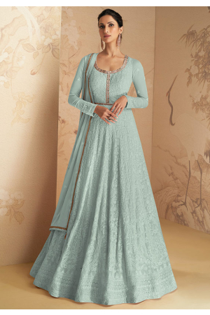 Mint Grey Embroidered Faux Georgette Anarkali Suit
