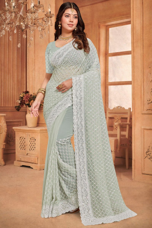 Mint Grey Embroidered Georgette Saree