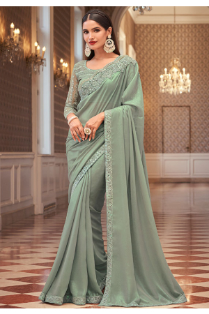 Mint Grey Embroidered Georgette Shimmer Saree