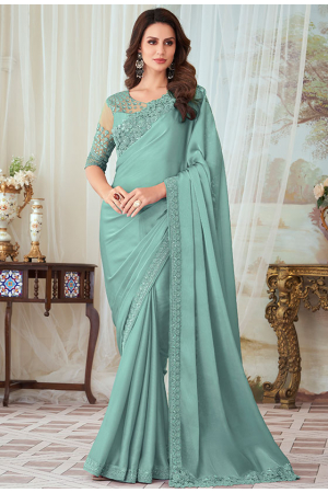 Mint Grey Silk Saree with Embroidered Blouse