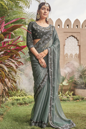 Misty Grey Shimmer Saree with Embroidered Blouse