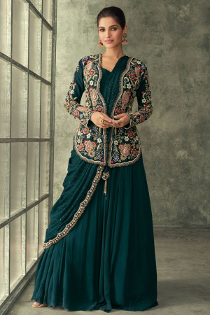 Buy Jacket Style Blue Printed Indian Gowns Online for Women in USA