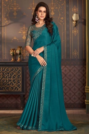 Morpich Satin Silk Chiffon Saree with Embroidered Blouse