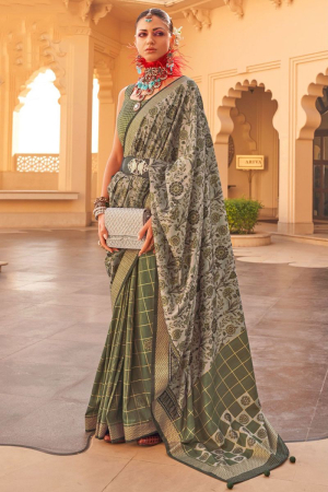 Moss Green and Dusty Grey Silk Saree for Festival