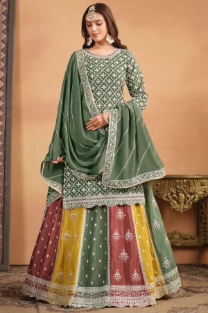 Moss Green Embroidered Chinnon Designer Lehenga Kameez