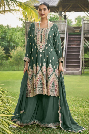Moss Green Embroidered Chinnon Designer Palazzo Kameez