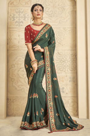 Moss Green Embroidered Crepe Silk Saree