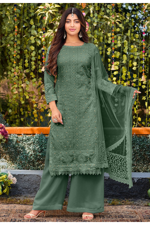 Moss Green Embroidered Faux Georgette Palazzo Kameez