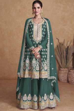 Moss Green Embroidered Georgette Sarara Kameez for Festival
