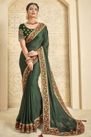 Moss Green Embroidered Satin Silk Saree