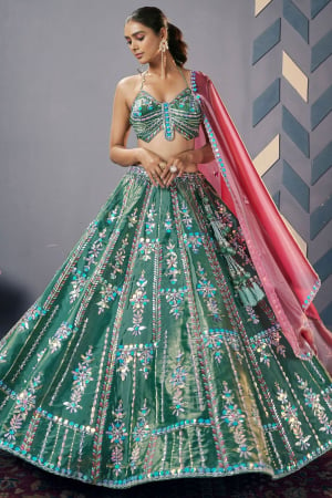 Moss Green Embroidered Silk Designer Lehenga Set