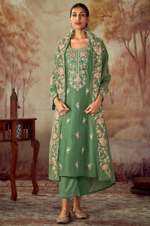 Moss Green Embroidered Silk Plus Size Pant Kameez