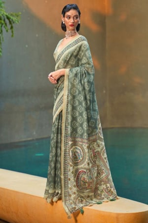 Moss Green Printed Cotton Saree for Festival