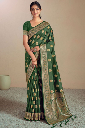 Moss Green Woven Silk Saree for Wedding