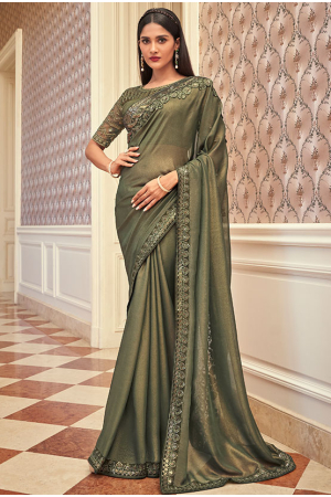 Moss Grey Embroidered Georgette Shimmer Saree