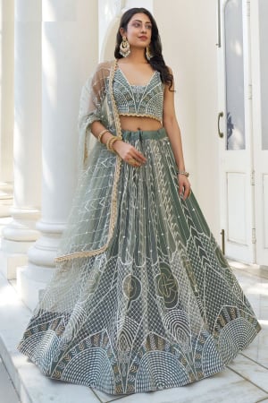 Moss Grey Embroidered Net Designer Lehenga Choli