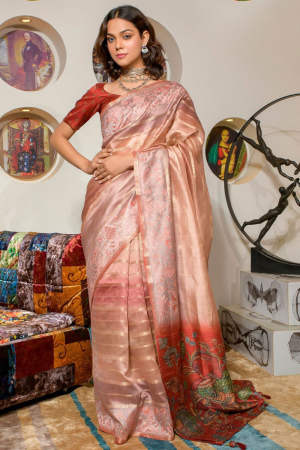 Multicolor Digital Print Embroidered Kora Silk Saree