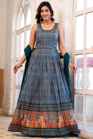 Multicolor Dola Silk Flared Anarkali Gown with Dupatta