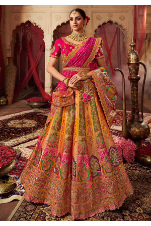 Multicolor Embroidered Banarasi Silk Bridal Lehenga Set