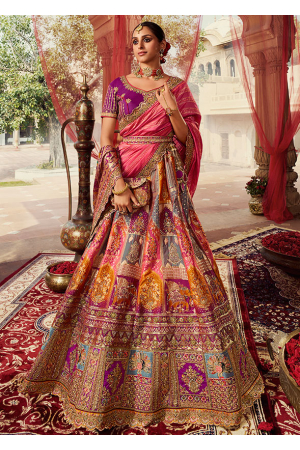Multicolor Embroidered Banarasi Silk Bridal Lehenga Set