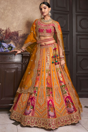 Multicolor Embroidered Banarasi Silk Designer Bridal Lehenga Set