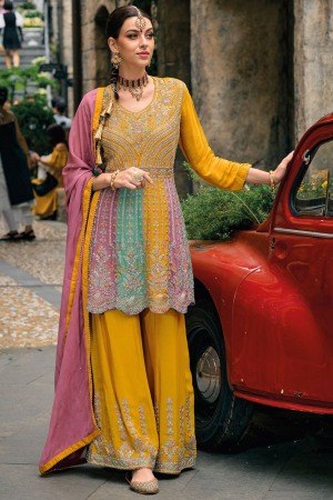 Multicolor Embroidered Chinnon Palazzo Kameez