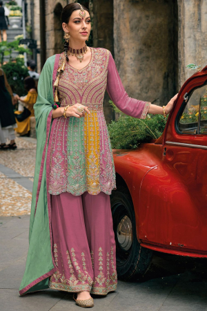 Multicolor Embroidered Chinnon Palazzo Kameez