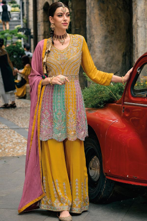 Multicolor Embroidered Chinnon Palazzo Kameez for Festival
