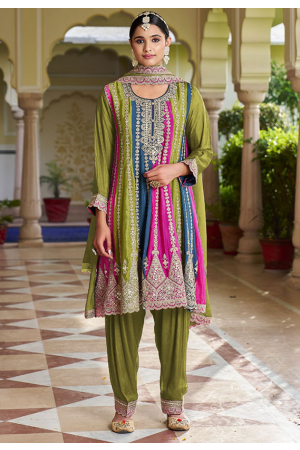 Multicolor Embroidered Chinnon Patiala Kameez