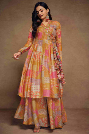 Multicolor Embroidered Muslin Readymade Palazzo Kameez