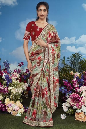 Multicolor Embroidered Pure Brasso Designer Saree