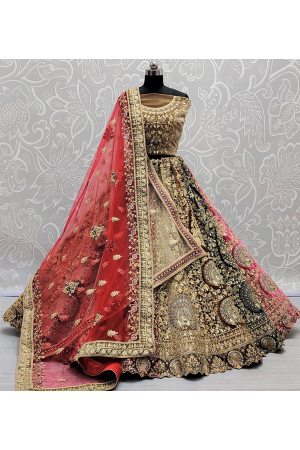 Multicolor Embroidered Velvet Bridal Lehenga Choli