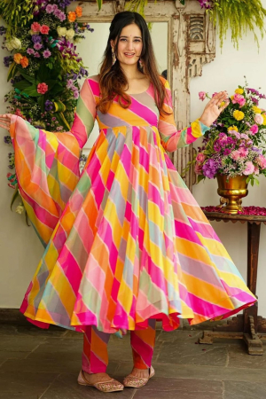 Multicolor Flared Anarkali Gown with Dupatta