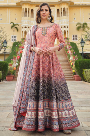 Multicolor Flared Silk Anarkali Gown with Dupatta