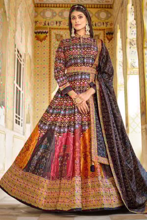 Multicolor Flared Silk Anarkali Gown with Dupatta