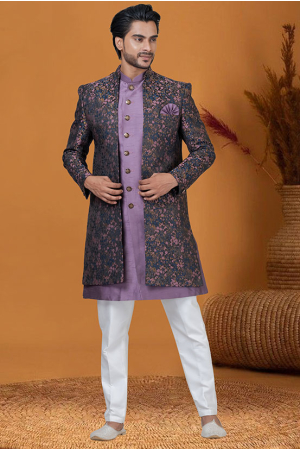 Multicolor Jacquard Silk Indo Western Outfit