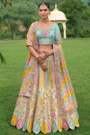 Multicolor Khatli Work Silk Designer Bridal Lehenga Set