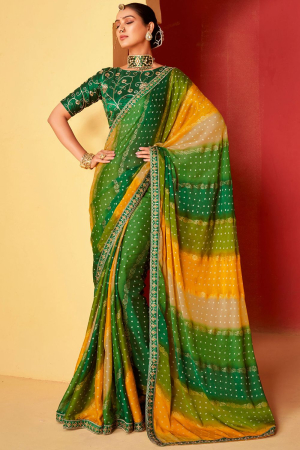 Multicolor Moss Chiffon Saree with Embroidered Blouse