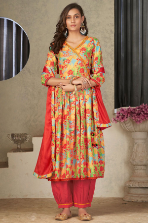 Multicolor Muslin Embroidered Patiala Kameez Suit