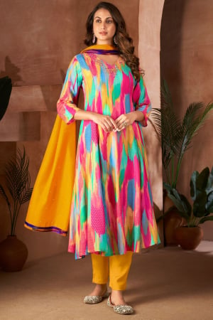 Multicolor Pure Muslin Readymade Pant Kameez