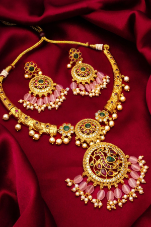 Multicolor Studded Gold Plated Necklace Set