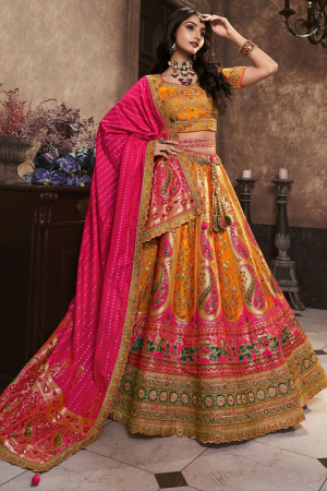 Mustard and Rani Pink Banarasi Designer Bridal Lehenga Choli