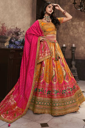 Mustard and Rani Pink Banarasi Designer Bridal Lehenga Choli