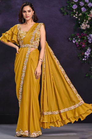 Mustard Crepe Satin Silk Designer Ready to Wear Saree