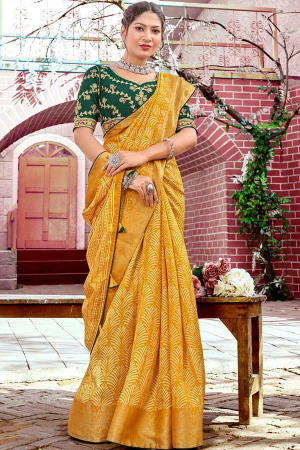 Mustard Dola Jacquard Saree with Embroidered Blouse