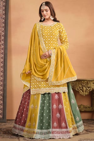 Mustard Embroidered Chinnon Designer Lehenga Kameez