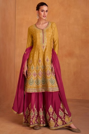 Mustard Embroidered Chinnon Palazzo Kameez for Festival