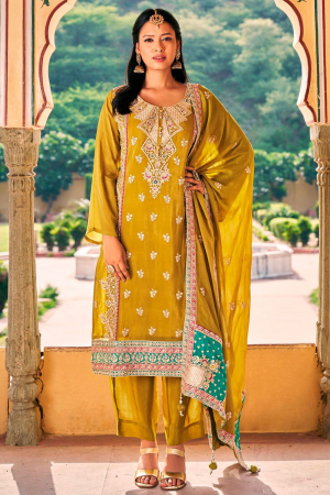 Mustard Embroidered Chinnon Trouser Kameez