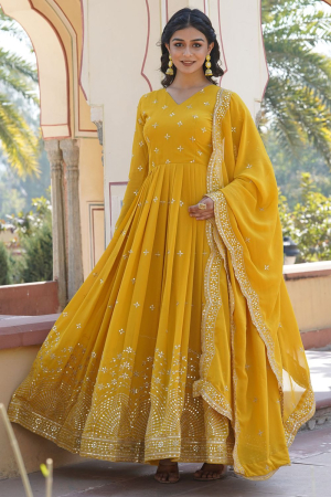 Mustard Embroidered Faux Georgette Gown with Dupatta
