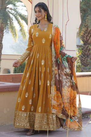 Mustard Embroidered Faux Georgette Gown with Dupatta